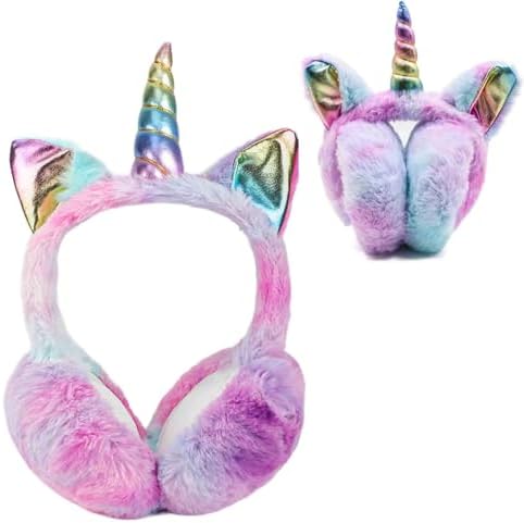 BTHRORO Unicorn Earmuffs for Kids Foldable Ear Muffs Cute Winter Warm Ear Warmer Plush Ear Covers for Indoor and Outdoor