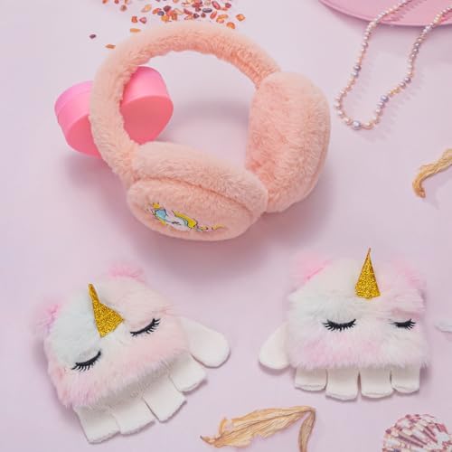 BTHRORO Unicorn Winter Ear Muffs Gloves Set For Girls Cute Cartoon Winter Earmuffs Plush Mitten For Kids Warmer Outdoor Accessories