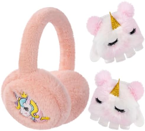 BTHRORO Unicorn Winter Ear Muffs Gloves Set for Girls Cute Cartoon Winter Earmuffs Plush Mitten for Kids Warmer Outdoor Accessories