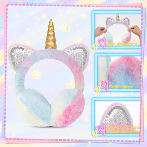 BTHRORO Unicorn Winter Earmuffs For Kids Cute Warm Ear Muffs Portable Soft Plush Ear Warmers For Women Kids Girls