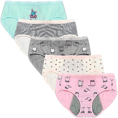 Bysion Teen Girls Cotton Menstrual Period Panties Soft Leak-proof Knickers Underwear for 8-18 Years Pack of 5