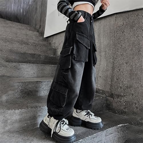 Cargo Vintage Jeans For Kids Multi Pockets Baggy Wide Leg Teen Youth Denim Trousers Buttons Ripped Retro Streetwear Jeans Bottoms Boys Girls High Waist Elastic Trousers