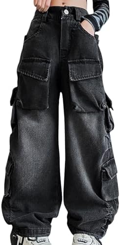 Cargo Vintage Jeans For Kids Multi Pockets Baggy Wide Leg Teen Youth Denim Trousers Buttons Ripped Retro Streetwear Jeans Bottoms Boys Girls High Waist Elastic Trousers