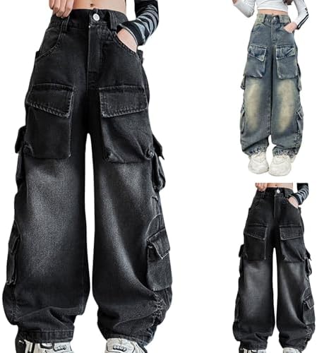 Cargo Vintage Jeans For Kids Multi Pockets Baggy Wide Leg Teen Youth Denim Trousers Buttons Ripped Retro Streetwear Jeans Bottoms Boys Girls High Waist Elastic Trousers