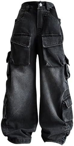 Cargo Vintage Jeans For Kids Multi Pockets Baggy Wide Leg Teen Youth Denim Trousers Buttons Ripped Retro Streetwear Jeans Bottoms Boys Girls High Waist Elastic Trousers