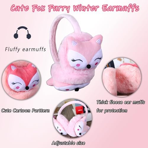Ccomage Kids Cute Fox Furry Winter Earmuffs 3-12 Age Girls Boys Cartoon Winter Warm Earmuffs Soft Faux Fur Kids Ear Flaps Ears Protector Windproof Headband Christmas Birthday Gifts For Child