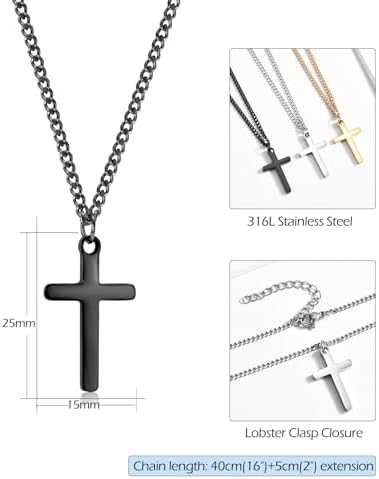 CERSLIMO Cross Necklace For Boys Girls Stainless Steel Cross Chain Necklace With Chain-40+5CM Silver/Gold/Black Small Size Cross Necklaces For Child Birthday Christmas Easter Thanksgiving Day