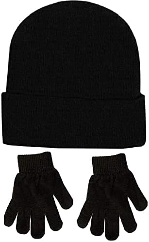 Children's Kids Girls Boys Stretchy Thermal Lined Plain Black Hat And Gloves 6 to 12 Yeas Approx Size for Winter Autumn