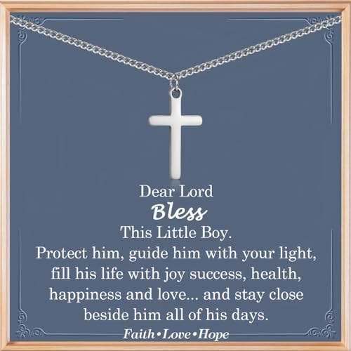 Christening Cross Necklace for Boy - Holy Communion Confirmation Baptism Gift - Silver Chain With Cross Pendant for Son Grandson Nephew - Christmas Easter Thanksgiving