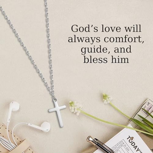 Christening Cross Necklace For Boy - Holy Communion Confirmation Baptism Gift - Silver Chain With Cross Pendant For Son Grandson Nephew - Christmas Easter Thanksgiving