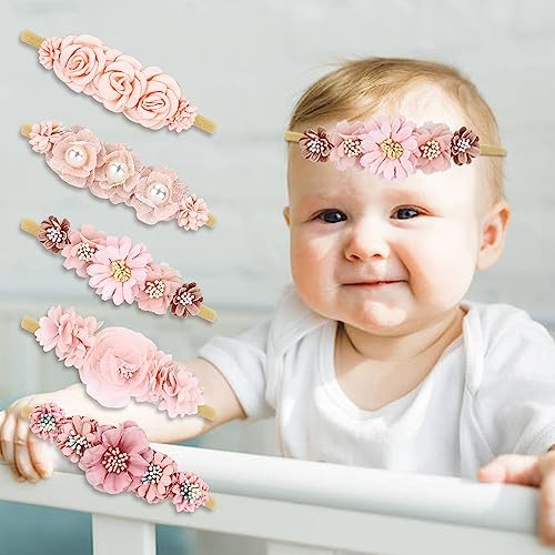 Cinaci 5 Pack Delicate Floral Flower Nylon Headbands Hair Bands Accessories For Baby Girls Newborns Infants Toddlers Kids (5 Pack S10)