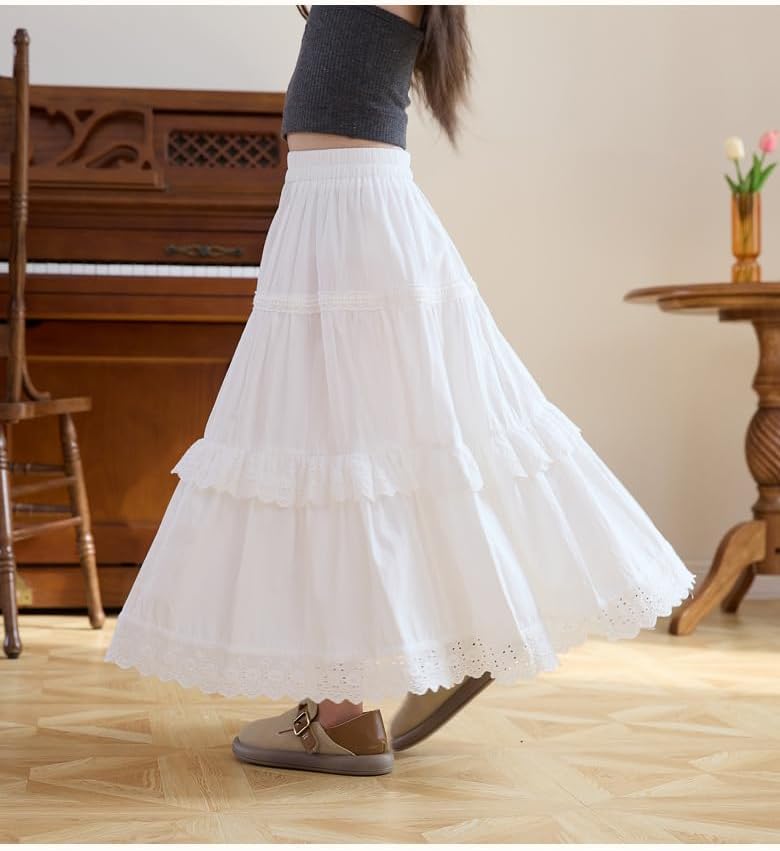 Citridarll Girl's Maxi Skirts Casual Solid Elastic High Waist A-Line Flowy Swing Ruffle Hem Midi Skirt Kids