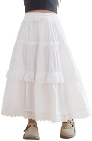 Citridarll Girl's Maxi Skirts Casual Solid Elastic High Waist A-Line Flowy Swing Ruffle Hem Midi Skirt Kids