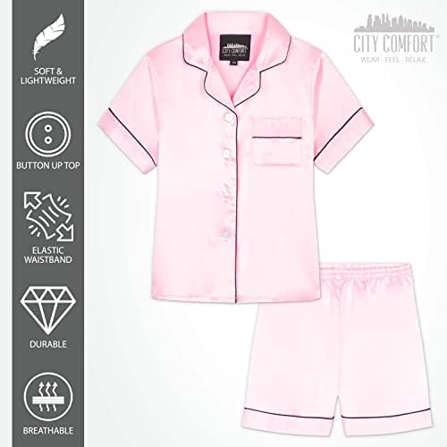 CityComfort Girls Pyjamas For Kids & Teenagers Summer Nightwear Sets Button Down Satin Short PJs Breathable Soft Loungewear Short Sleeved Jammies For Girls