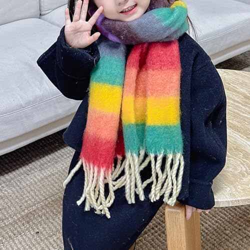 Colorful Rainbow Fringe Children's Scarf Warm And Comfortable Long Muffler Neckerchief For Boys Girls Aged 3 To 12T