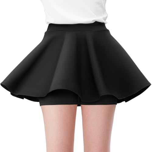Comfyouth Kids Girls Plain Skater Skirt Stretchy High Waisted Skirts with Shorts Pleated School Skirt for Girls 5-13 Years