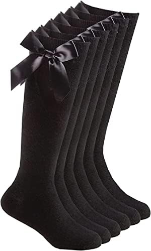 COSHAL® 3 Pairs Girls Knee High School Socks Cotton Socks with Fluffy Ribbons Bow Back to School Socks Uniform Party Wear Long Socks Girls Bow Knee High School Socks