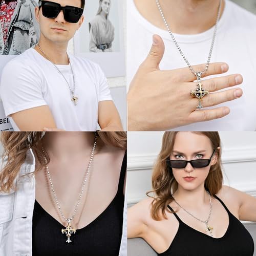 Cross Pendant Necklace For Men Boys Cool Girl - 18K Gold Plated + 2.55 Carats Facet Nature Onyx Stone Quality Cross Pendant On Ball Chain 20-24inch Nice Box