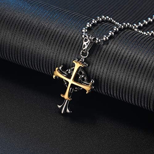 Cross Pendant Necklace For Men Boys Cool Girl - 18K Gold Plated + 2.55 Carats Facet Nature Onyx Stone Quality Cross Pendant On Ball Chain 20-24inch Nice Box