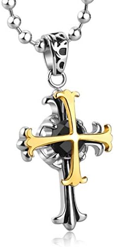 Cross Pendant Necklace for Men Boys cool girl - 18K Gold Plated + 2.55 carats Facet Nature Onyx Stone Quality Cross Pendant on Ball Chain 20-24inch nice box