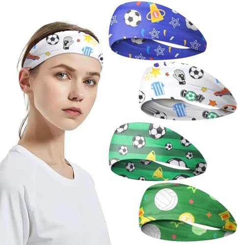 Culinavog 4pcs Boys Sports Headbands Elastic Sports Sweatbands for Kids Non-Slip Boys Hair Bands Football and Dinosaur Design boys Athletic Sweatbands for sports Running & Cycling