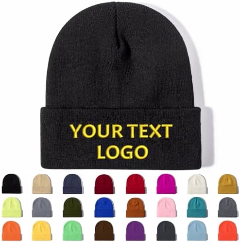 Custom Knitted Beanie Cap with Embroidered Text Logo and Print Image Personalized Design Winter Warm Hat Available in Black White Beige