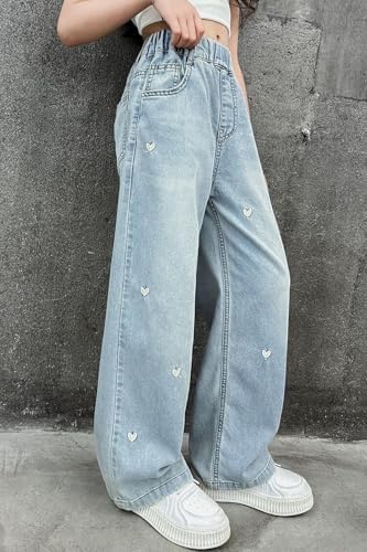 Cute Heart Bowknot Cargo Jeans For Girls Baggy Denim Pants High Waist Wide Leg Stretchy Streetwear Trousers 