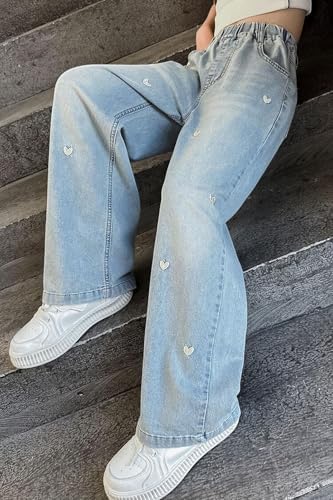 Cute Heart Bowknot Cargo Jeans For Girls Baggy Denim Pants High Waist Wide Leg Stretchy Streetwear Trousers 