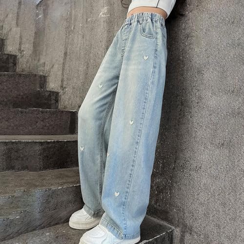 Cute Heart Bowknot Cargo Jeans For Girls Baggy Denim Pants High Waist Wide Leg Stretchy Streetwear Trousers 