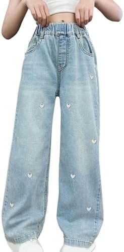 Cute Heart Bowknot Cargo Jeans for Girls Baggy Denim Pants High Waist Wide Leg Stretchy Streetwear Trousers 