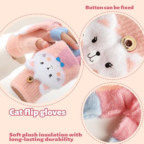 Cxryrzhe Kids Winter Gloves 6-15 Yrs For Boys Girls Convertible Flip Top Gloves Cartoon Thermal Knitted Gloves Knit Fingerless Gloves Warm Stretchy Mitten Cover