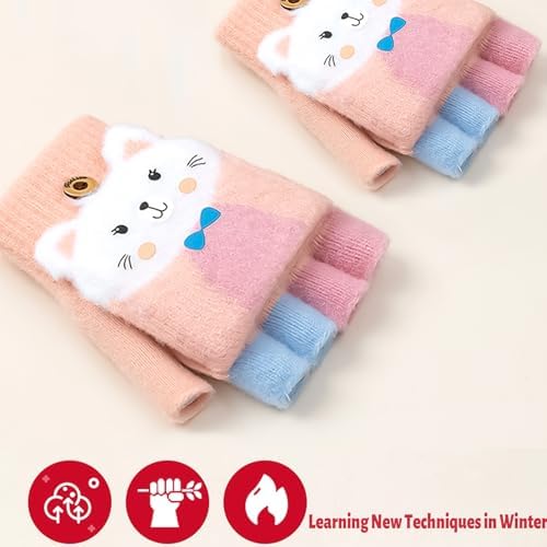 Cxryrzhe Kids Winter Gloves 6-15 Yrs For Boys Girls Convertible Flip Top Gloves Cartoon Thermal Knitted Gloves Knit Fingerless Gloves Warm Stretchy Mitten Cover
