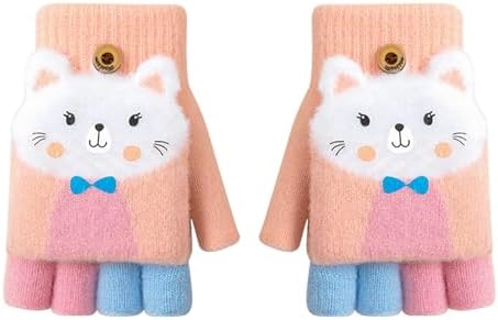 Cxryrzhe Kids Winter Gloves 6-15 Yrs for Boys Girls Convertible Flip Top Gloves Cartoon Thermal Knitted Gloves Knit Fingerless Gloves Warm Stretchy Mitten Cover