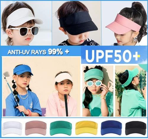Cysocool Kids Sun Visor Hat 4-12 Years Girls Boys Golf Visor Anti UV Tennis Sun Hat Summer Beach Cool Hat Wide Brim Sun Protection Hat Adjustable Peaked Snapback Cap Sports Running Sun Visor Cap
