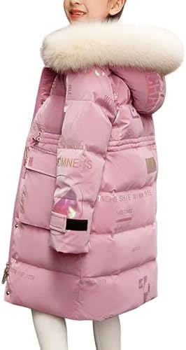 De feuilles Kids Girls Hooded Padded Coat Winter Warm Mid-Length Jacket Solid Color Shiny Letter Print with Faux Fur Hooded