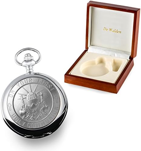 De Walden Boy's 1st Holy Communion Gift Engraved First Communion Pocket Watch for a Boy in Wooden Box