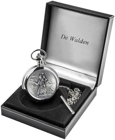De Walden Boy’s Christening Day St Christopher Pewter Pocket Watch With A Chain And Gift Box Baptism Naming Day Gifts For Boys Godson Grandson Son