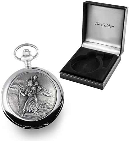 De Walden Boy’s Christening Day St Christopher Pewter Pocket Watch With A Chain And Gift Box Baptism Naming Day Gifts For Boys Godson Grandson Son