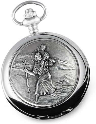 De Walden Boy’s Christening Day St Christopher Pewter Pocket Watch with a Chain and Gift Box Baptism Naming Day Gifts for Boys Godson Grandson Son