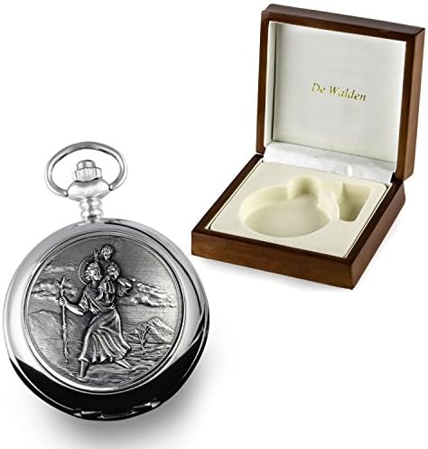 De Walden Boys Christening Engraved St Christopher Pocket Watch in Wood Box