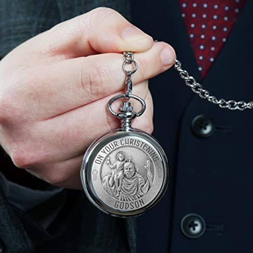 De Walden Godson Christening St Christopher Pewter Front Pocket Watch Gift Idea