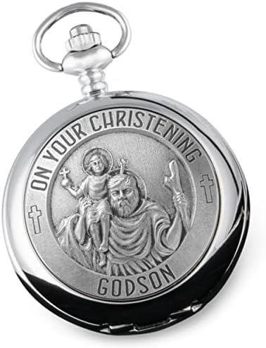 De Walden Godson Christening St Christopher Pewter Front Pocket Watch Gift Idea