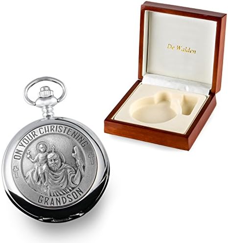 De Walden Grandson Christening Engraved St Christopher Pocket Watch Wood Box