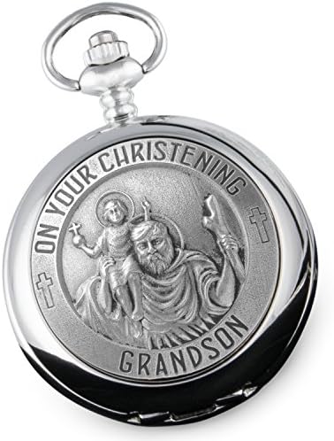 De Walden Grandson Christening Engraved St Christopher Pocket Watch Wood Box