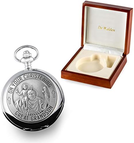De Walden Gt Grandson Christening Engraved St Christopher Pocket Watch Wood Box