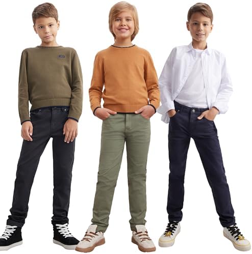DELLMOOR Boys Chino Jeans Pants Flat Front Twill Pants For Kids Boys School Cargo Trousers Adjustable Waist Formal Jeans Pants For Boys 7 To 12 Years. Versatile And Stylish Bottoms For Boys