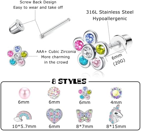 Diamday 8 Pairs Hypoallergenic Screwback Earrings For Girls Women 316L Stainless Steel CZ Flower Heart Butterfly Screw Back Pink Multicolored Stud Earrings Set