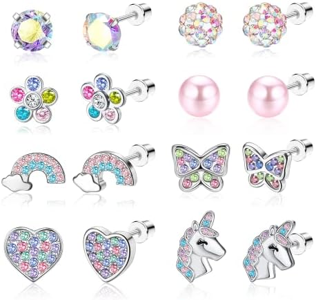 Diamday 8 Pairs Hypoallergenic Screwback Earrings for Girls Women 316L Stainless Steel CZ Flower Heart Butterfly Screw Back Pink Multicolored Stud Earrings Set