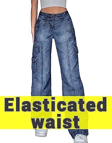 DINGJIUYAN Y2k Grunge Jeans Cyber Clothes Women Flared Wide Leg Cargo Jeans Multi Pockets Baggy Denim Pants
