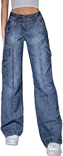 DINGJIUYAN Y2k Grunge Jeans Cyber Clothes Women Flared Wide Leg Cargo Jeans Multi Pockets Baggy Denim Pants